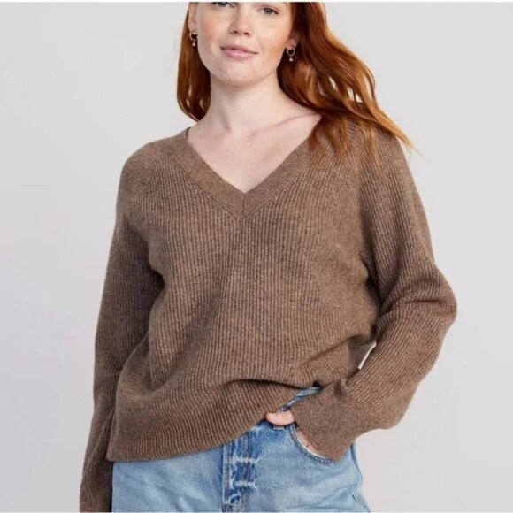 OLD NAVY Women's Mushroom Brown Heathered Shaker Stitch V-Neck Sweater L - Picture 1 of 6